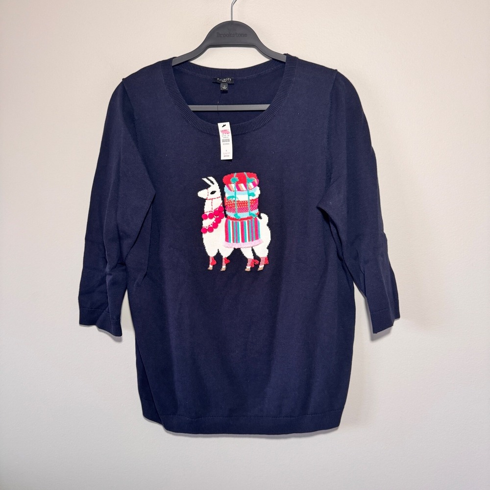 NWT Talbots Size X Navy Blue Llama Holiday Sweater Crew Neck Christmas Gift Top